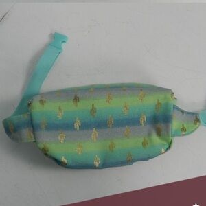Multicolored green, light blue, teal fanny pack with metallic gold cactus print